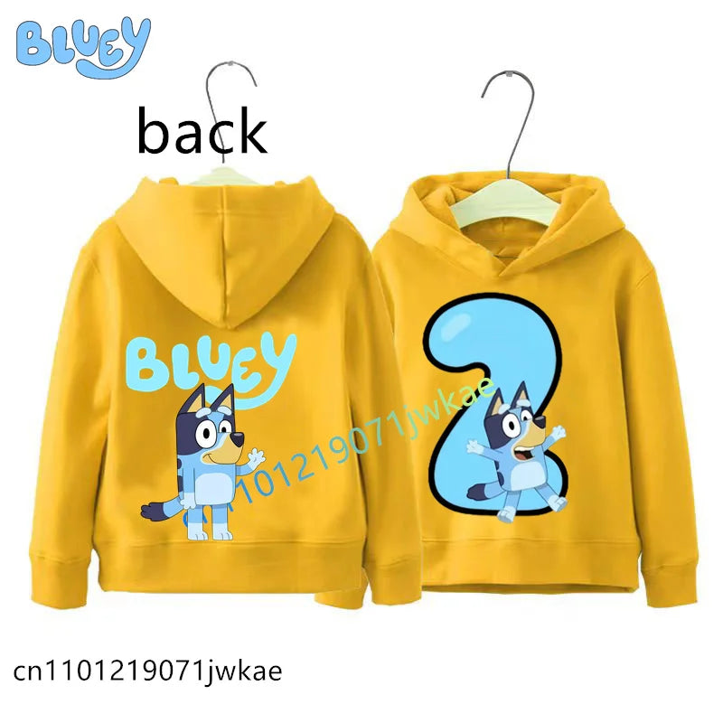 Bluey Birthday Number Print Hoodie Kids 1-9Y Front Back Design Long Sleeve Sweatshirt Boys Girls Casual Tops Birthday Party Wear