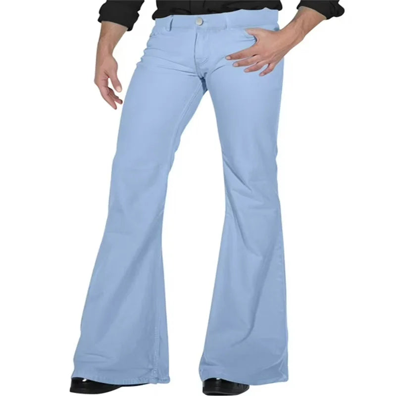 2026 Fashion Men's Vintage Disco Flared Pants Solid Stretch Slim Fit Trousers Hippie Style Casual Wide Leg Pants Male Streetwear
