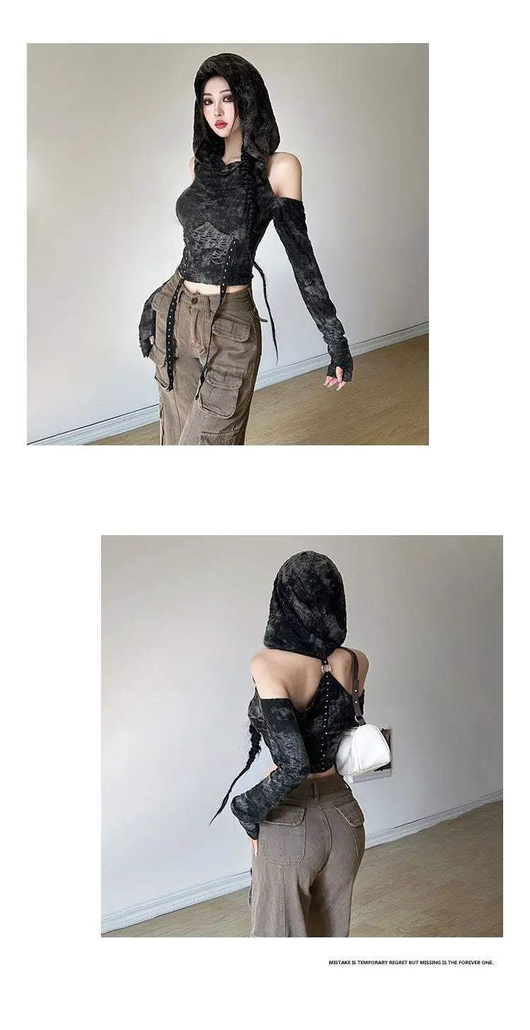 T-shirts Women Hooded Spring Long Sleeves Distressed American Retro Creativity Solid Streetwear Fashion Slim Backless Cut Out