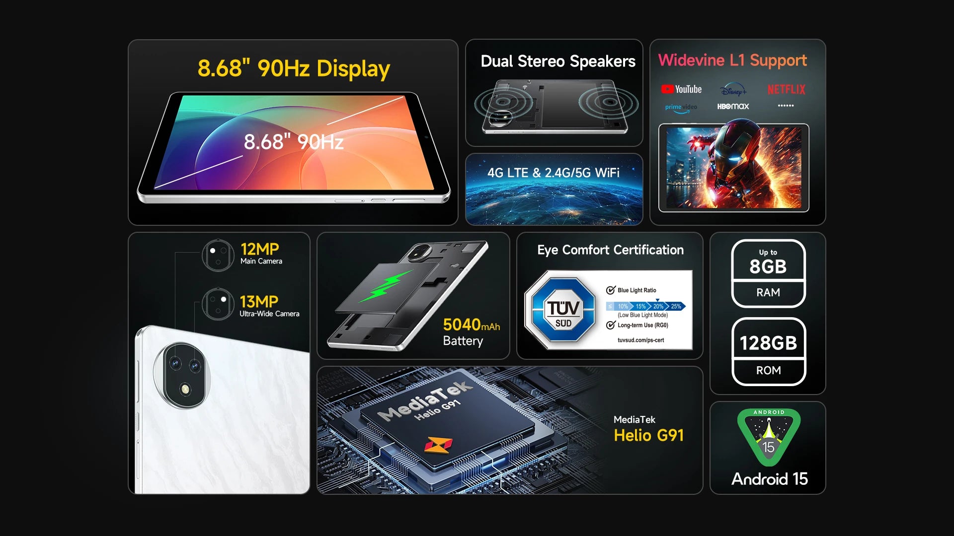 Ulefone Tab A9 Pro Tablet MTK G91 8.68" Up to 8GB RAM (4+4) 128GB ROM 12MP+13MP Android 15 4G Tablet