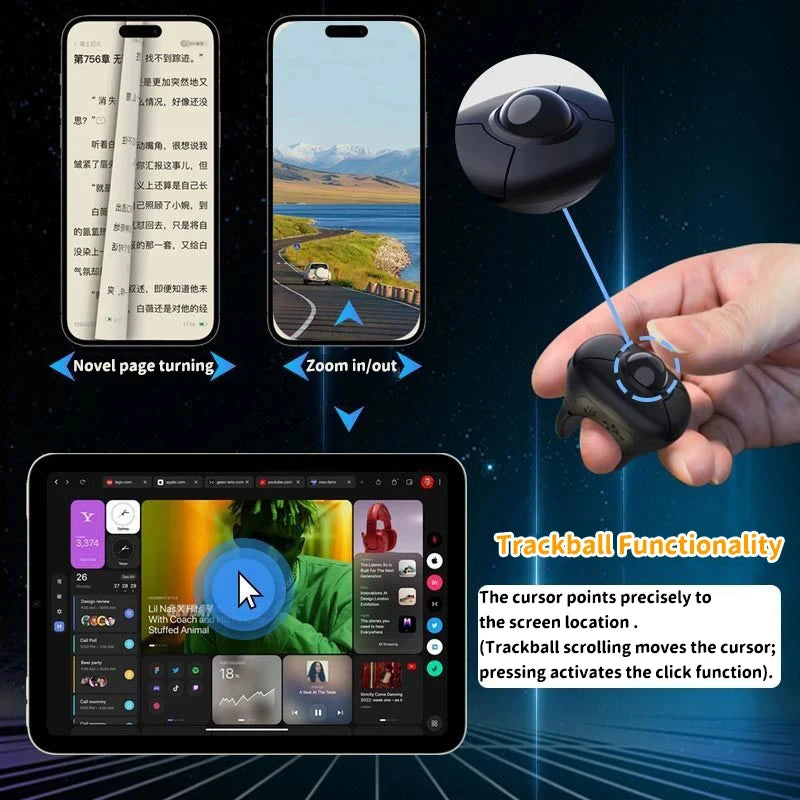 Trackball Finger Ring Mouse - 2.4G+Bluetooth Wireless Remote for Short Video/PPT/In-Vehicle Display