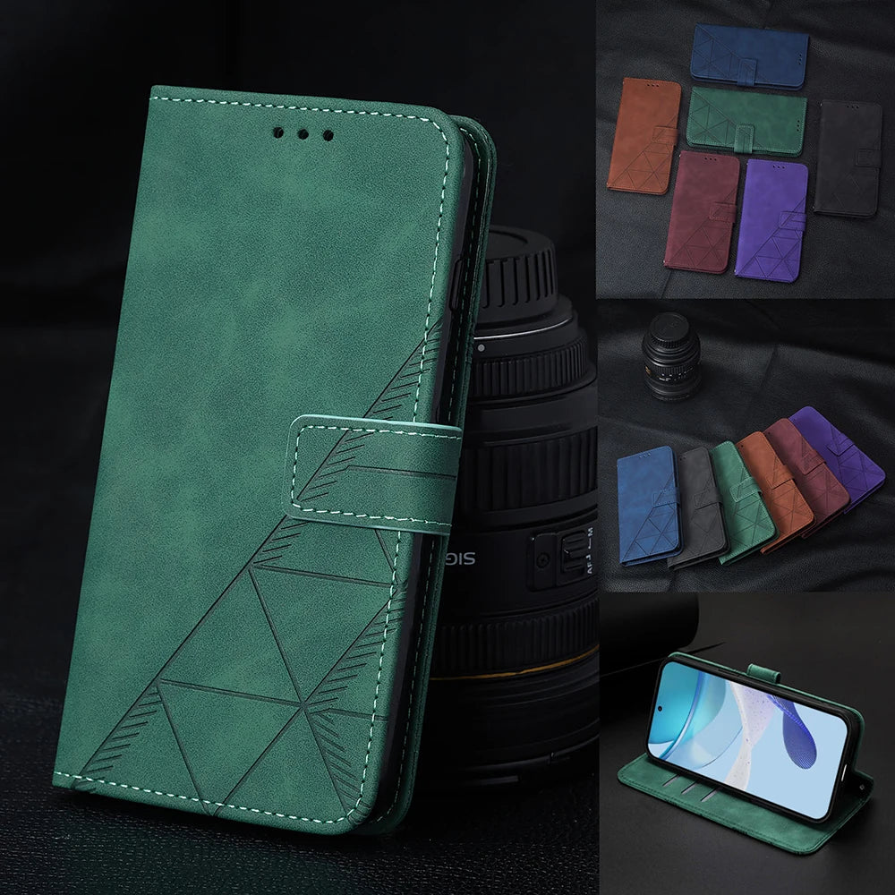 Geometric Leather Wallet Case For ZTE Blade A76 A75 A73 A55 A53 Plus A52 A35 Core V60 V80 Vita Nubia Focus 2 Ultra Calf P9 Pro