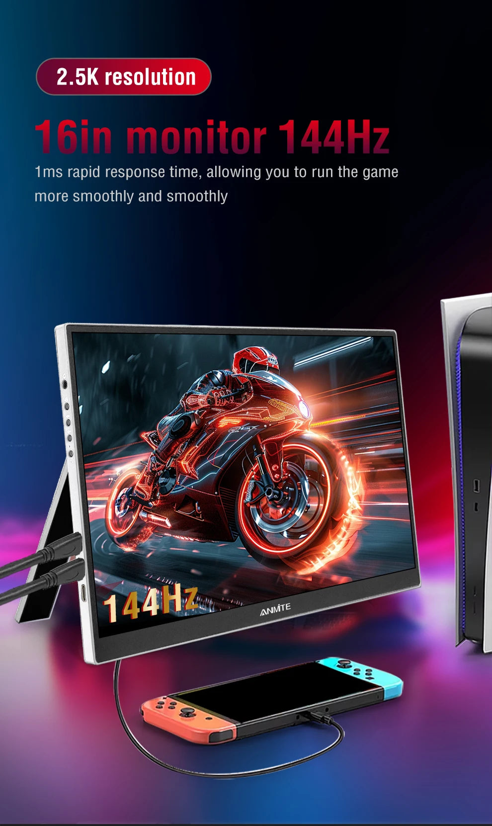 16-Inch 2.5K Portable Gaming Monitor 144Hz/120Hz 500cd/m Low Blue Light For XBox PS4 / 5 Switch Cell Phone PC Loptop Extension