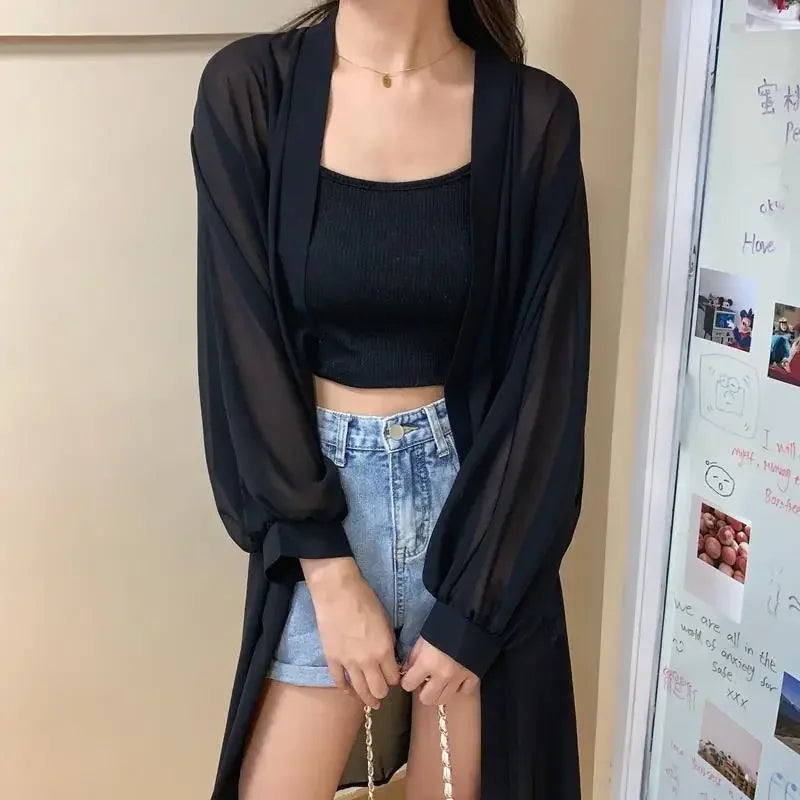 Long Shirts Women Summer Girls Sunscreen Clothing Seethrough Thin Loose Solid Simple Leisure All-match Korean Style Chiffon Tops