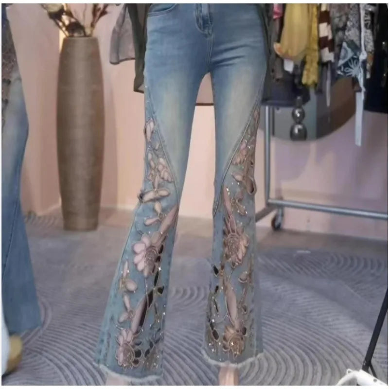 Summer 2026 New Fashion Hollowed-out Embroidered Brick Jeans for Women, High-waisted, Form-fitting 9-inch Slightly Flared Pants