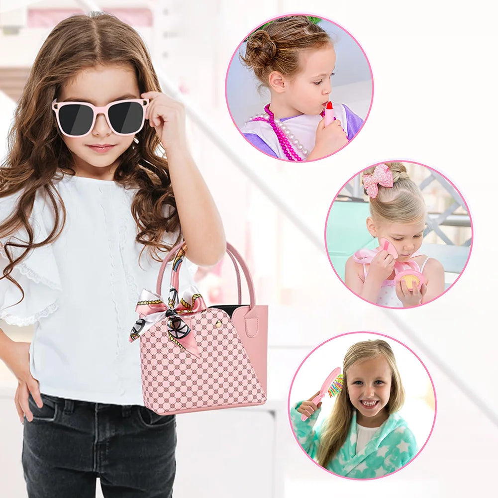 Little Girls Play Purse Princess Gifts Play Purse Set Cell Phone/Makeup/Keys Credit Card/Water Bottle/Sunglasses for Ages 3+