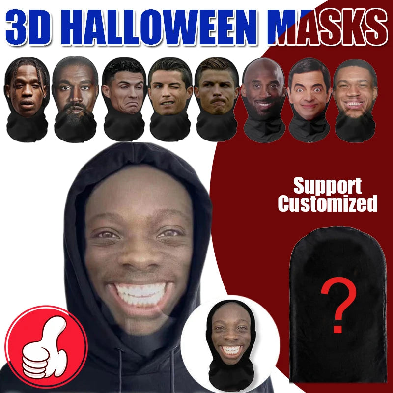 3D Mask Halloween Cosplay Mask Funny Face Printed Head Scarf Famous Person Ice Silk Seamless Sunscreen Head Mask