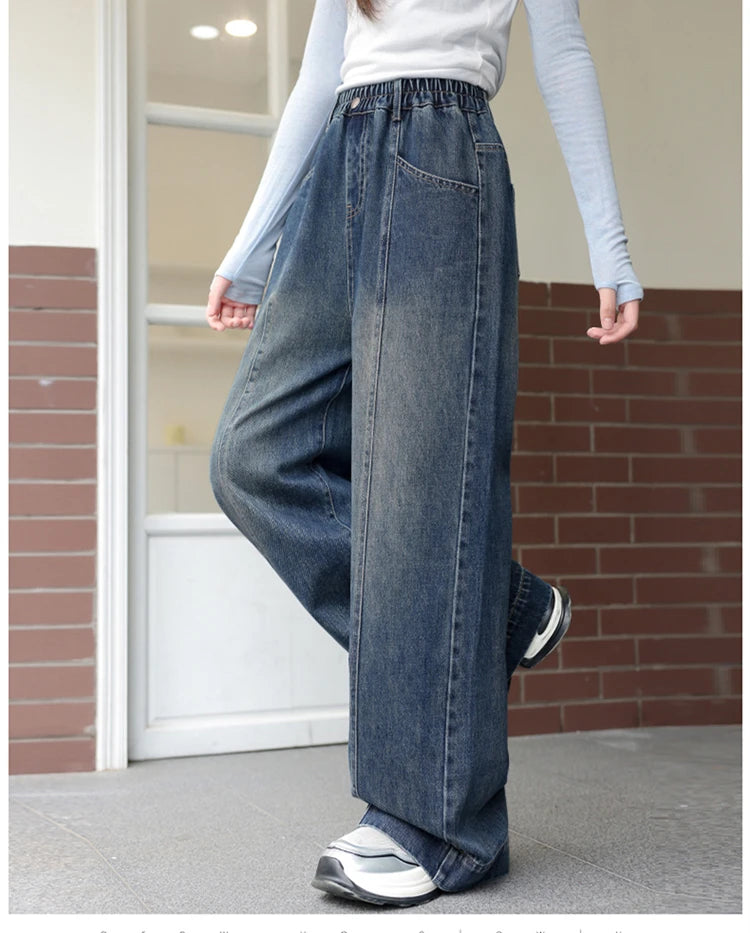 Teenager Girl Blue Jeans Fashion Retro Straight Leg Children Trousers Youth Lady Baggy Vintage Wash Casual Denim Pants Age 8-16Y