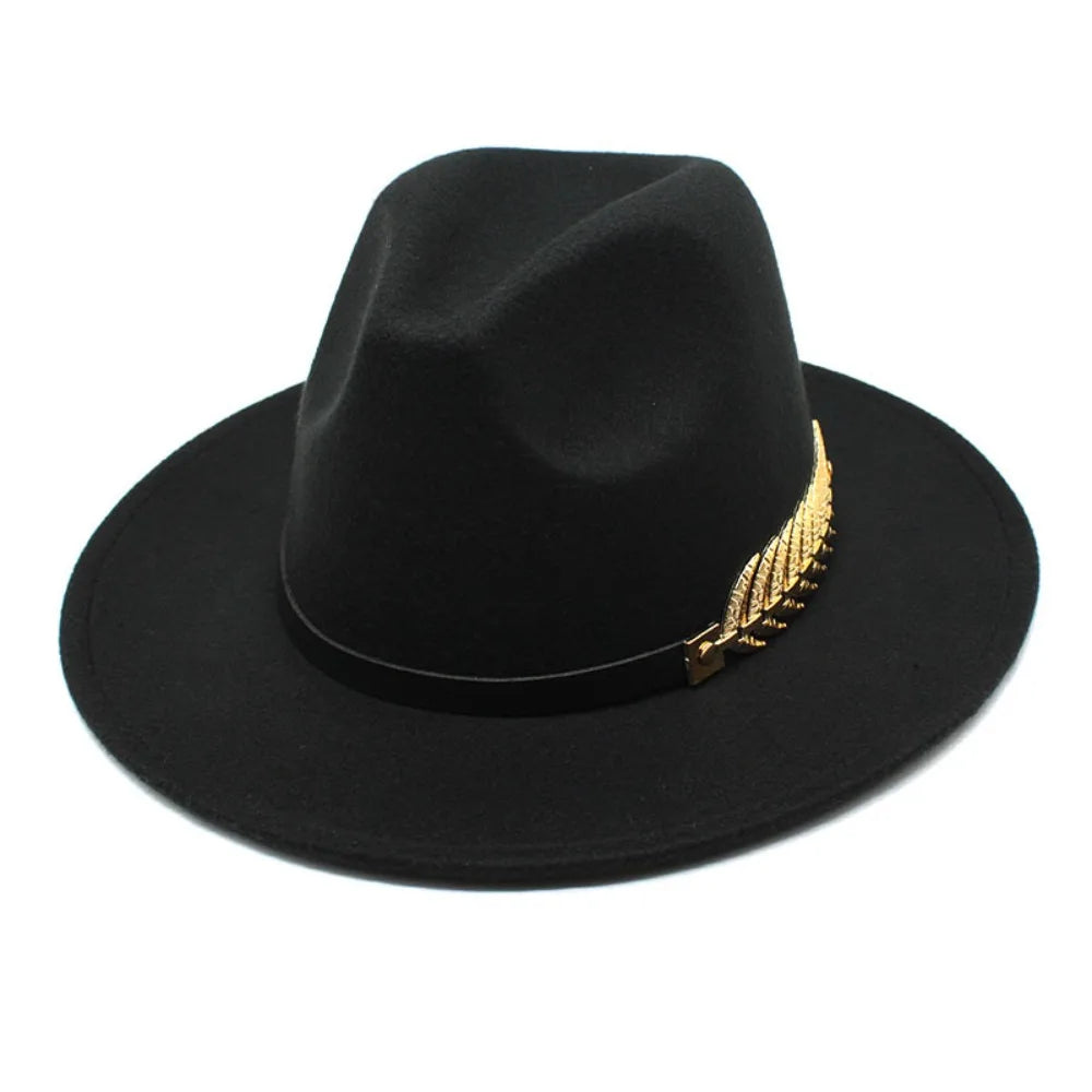 Large Brimmed Woolen Hats Formal Occasion Leaf Decoration Fedora Hat Performance Cap Casual British Vintage Hats Men Women