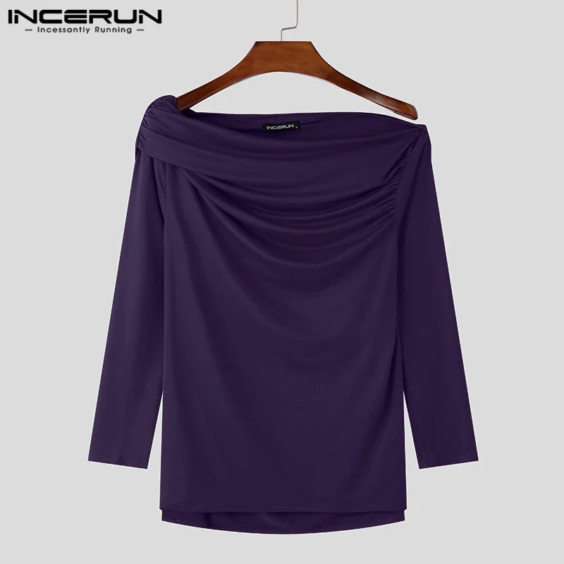 Sexy Fashion Style Tops INCERUN Men's Solid One-shoulder T-shirt Casual Clubwear Male Hot Sale Long Sleeved Camiseta S-5XL 2024