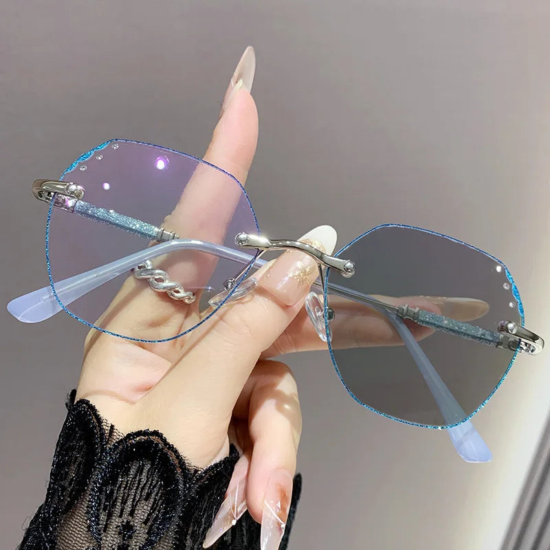 Shining Rimless Photochromic Myopia Glasses for Women Oversize Blue Light Blocking Computer GLasses UV Protection Sunglasses