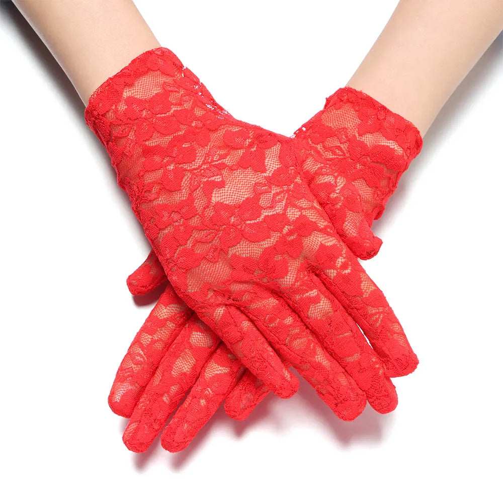 Women Fashion Bride Lace Driving Gloves Thin Lace Sunscreen Female Short UV Protection Gloves Goth Party Hollow-Out Mittens