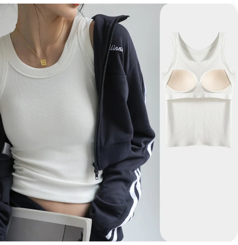 Women Thread Tank Tops With Built In Bra Padding Summer 2025 Trend Solid Outerwear Camisole Stretch Sleeveless White Tops Women