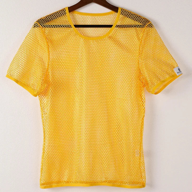 Summer Men's T Shirts Mesh Hollowed Sheer Short-Sleeved Breathable Blouse Sports Streetwear Shirt Fitness Transparent Tee Shirts