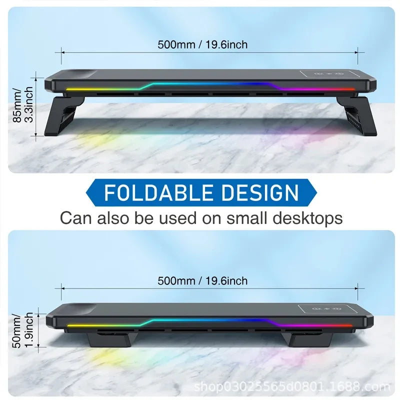 PC Monitor Stand 3 USB 2.0 Ports Keyboard Storage Space Bar Laptop Monitor Holder With RGB Light Type-C Wireless Charging