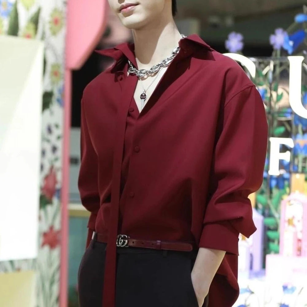 Mens Fashion High-End Party Dance Wine Red Long-Sleeved Shirt 2025 Summer Niche Design Handsome Retro Lapel Y2k Luxury Shirt Men