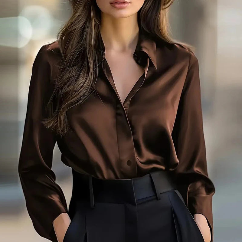 Elegant Blouses For Women Spring Autumn Satin Shirt Women Fashion Flare Long Sleeve Button Silk Blouse All Match Office Lady Top