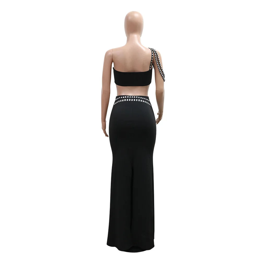 Women Dress Sets Floor Length Buttocks Skirts Two Pieces Set Matching Sets Diamonds Camisole High Street Party Night Evening