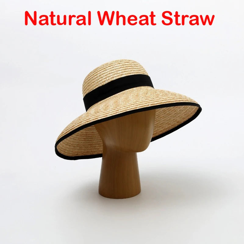 Wide-Brimmed Black-Trimmed Straw Hats for Women Summer Vintage French-Style Elegant Hepburn Wide-Brimmed Woven Caps Gorras