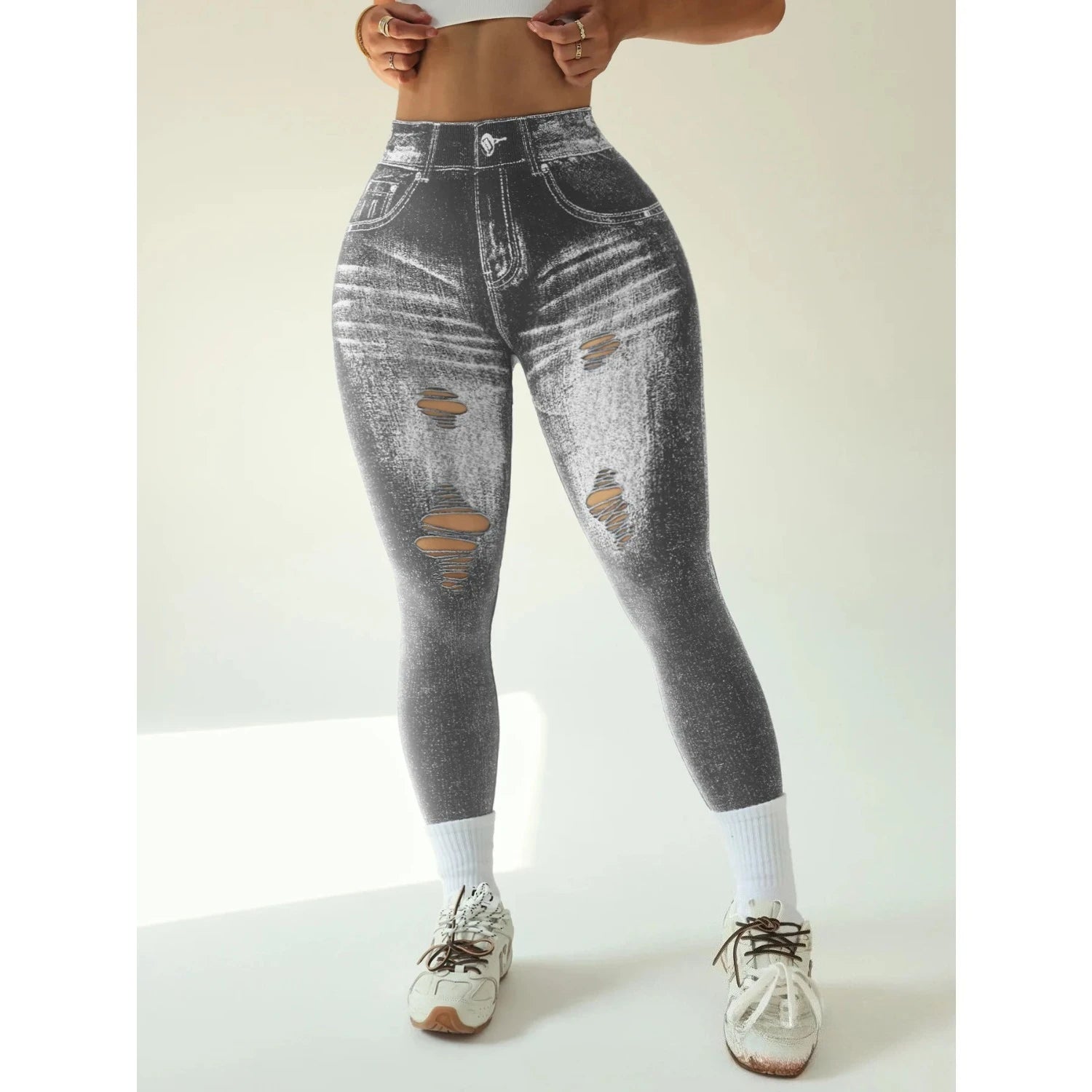 Women's Gym Printed Yoga Tight Pants Seamless High Waisted Denim-like Perforated Fake Pocket Tight Pants Yoga Fitness Leggings