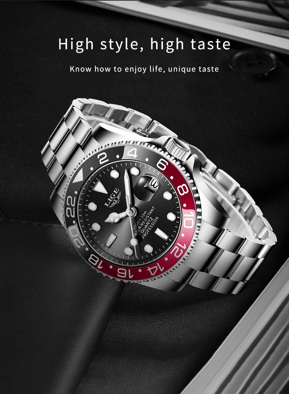 LIGE Top Brand Fashion Mens Watch Business Luxury Quartz Wristwatches Luminous Waterproof Steel Sports Watches Mens Gifts Reloj