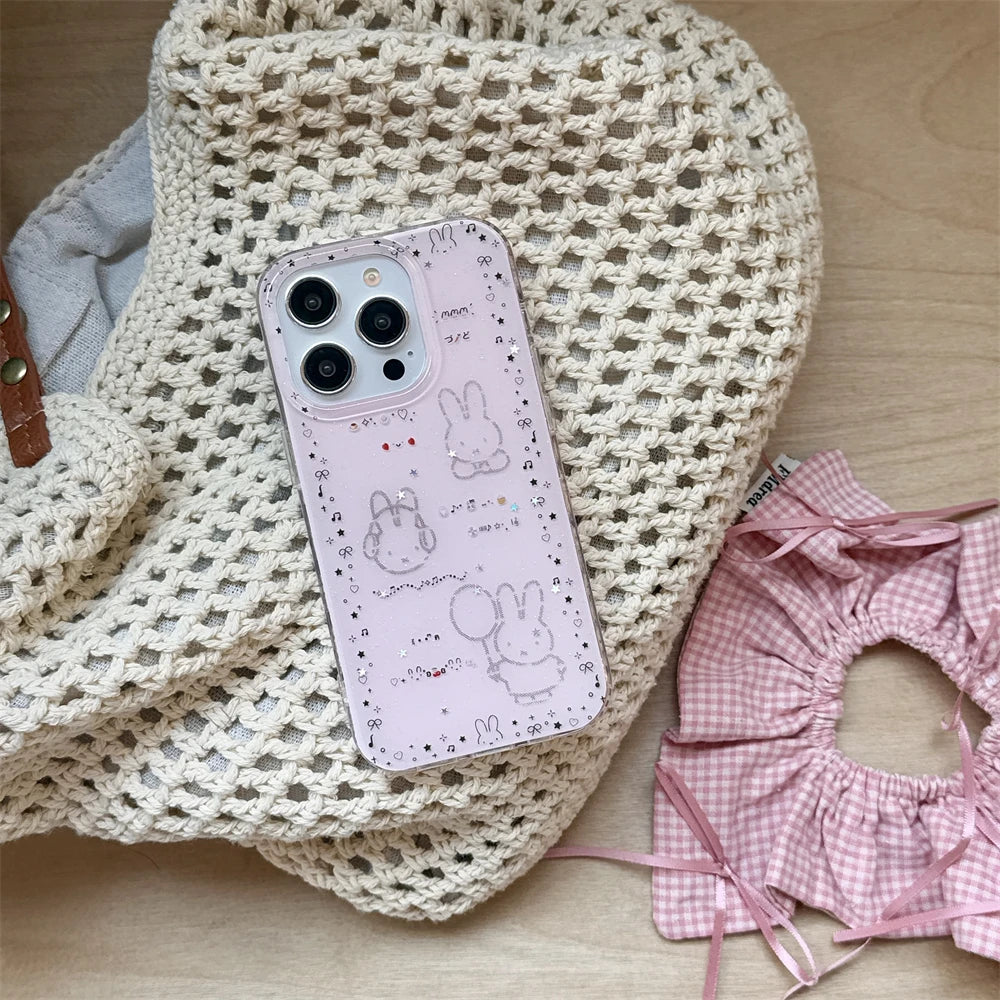 Luxury Glitter Pink Case For iPhone 13 12 11 14 15 16 Pro Max 16 Plus Cartoon Bling Transparent Shockproof Hard PC Bumper Cover