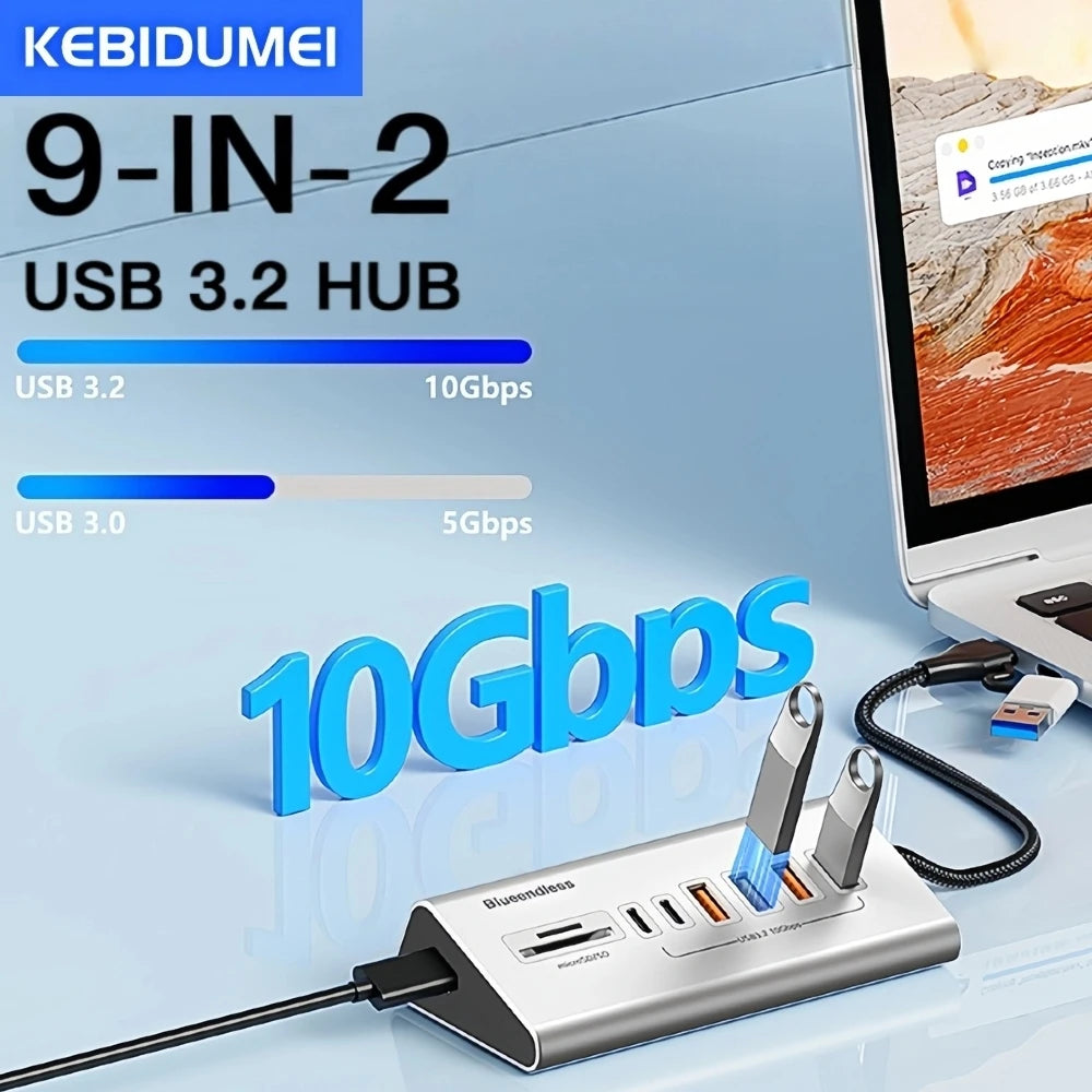 9 in 2 USB C Hub To USB 3.2 Aluminum Docking Station 10Gbps Type C 3.2 Splitter with SD/TF Card Reader for PC Laptop Tablet