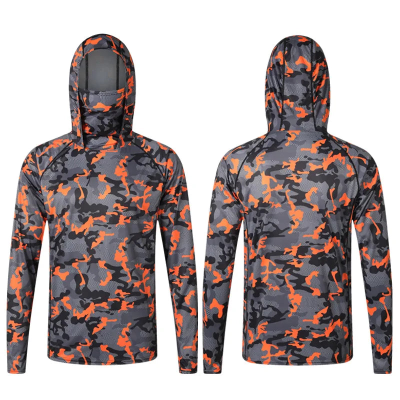 Camouflage Fishing T-shirt with Face Mask Long Sleeve Ice Silk Summer Fishing Shirt Breathable Sunscreen Hooded Fishing Top