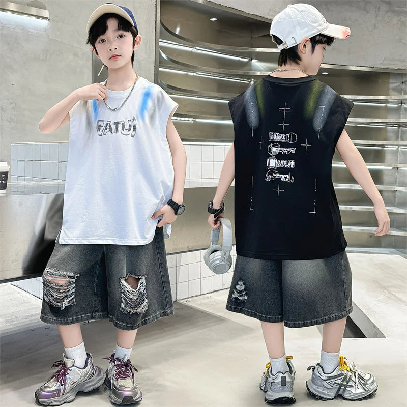 Junior Boys Summer Suit Children's Fashion Sleeveless Vest and Hole Jeans Shorts Clothing Sets for Kids 5 7 9 11 13 14 Years Old