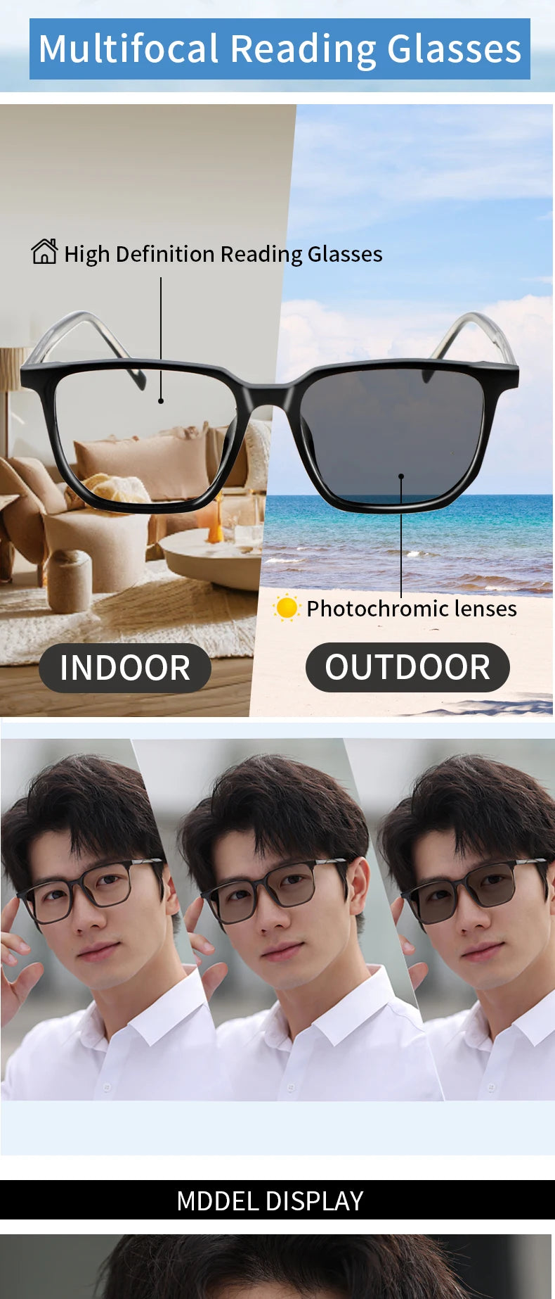 Photochromic Progressive Multifocus Computer Reading Glasses  Transition UV400 Sunglasses Multifocal Rectangular Readers