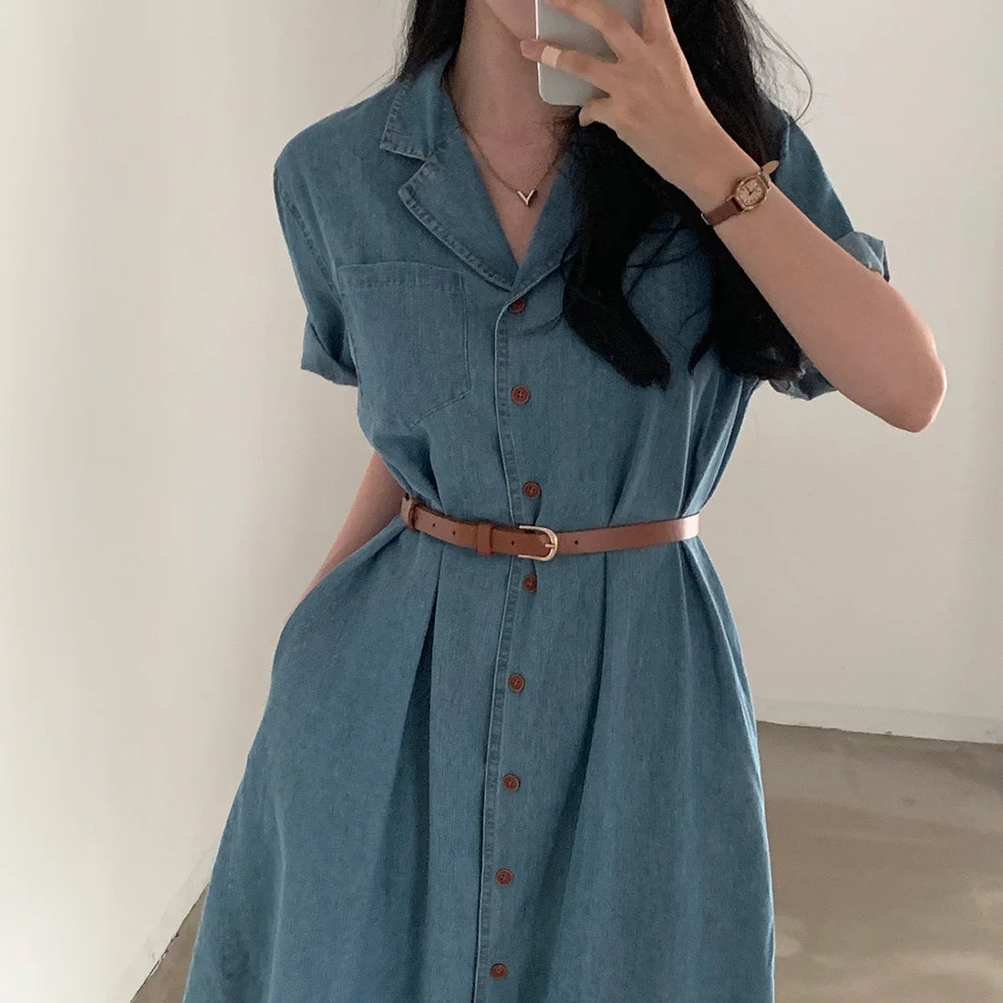 Slimming Chic Retro Chic Long Dr with Belt High Waist A-Line Skirt ort Sve Korean Sle Commute Dr Denim Dr