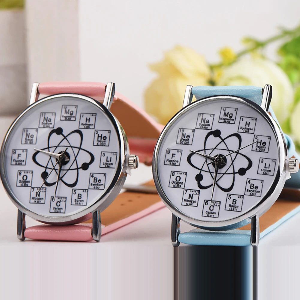 Ladies Watches Creative Design Chemical Element Markers Molecule Pattern Watches Leather Band Quartz Wristwatch Watch Women