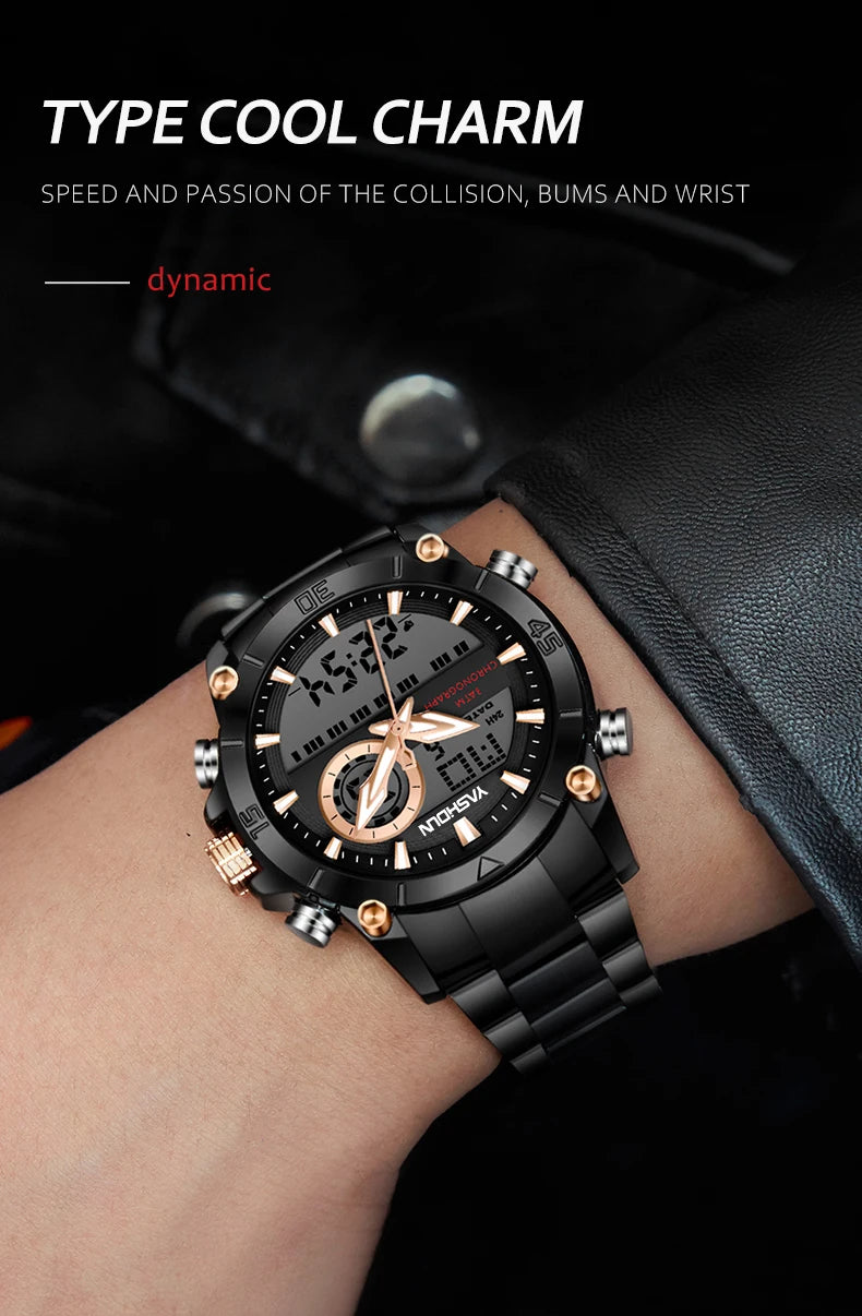 Multi-functional sports men's watch with dual movement electronic steel band luminous waterproof quartz wristwatch