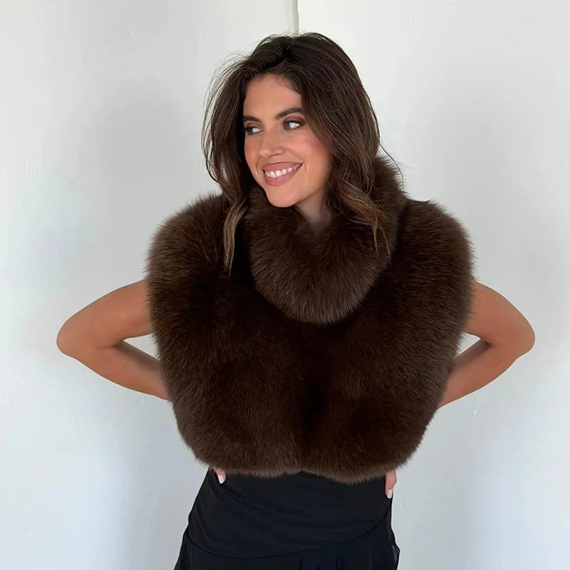 Turtleneck Furry Tank Tops Women Trend Sexy Side Split Chic Fall Trend Midnight Basic Street Furs Hipster Clubwear Vest Crop Top