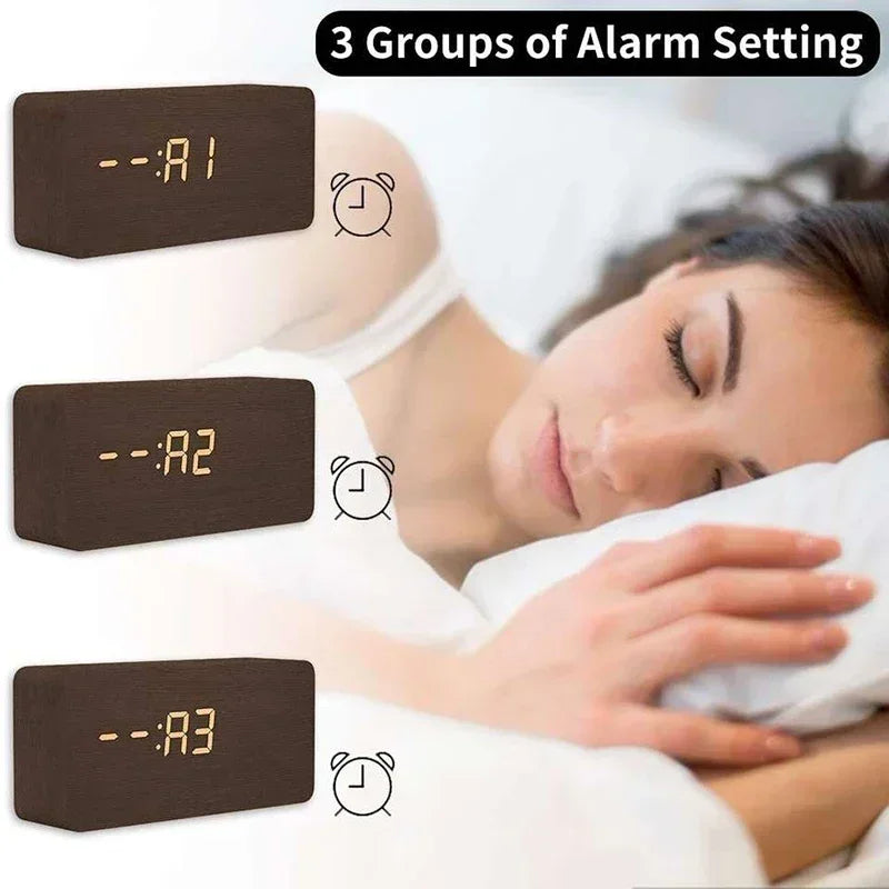 Digital Alarm Clock Wooden LED Table Clock with Temperature for Bedroom Office Travel Desk Decorations