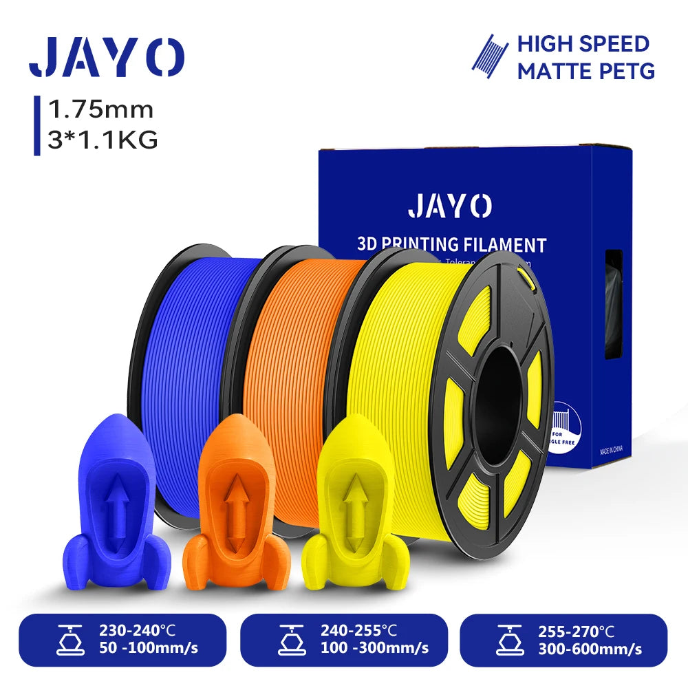 JAYO PETG/High Speed Matte PETG 3D Printing Filament 1.75MM Mix-Colors & No bubbles &Non-toxic For 3D Printer & Pen 3Rolls