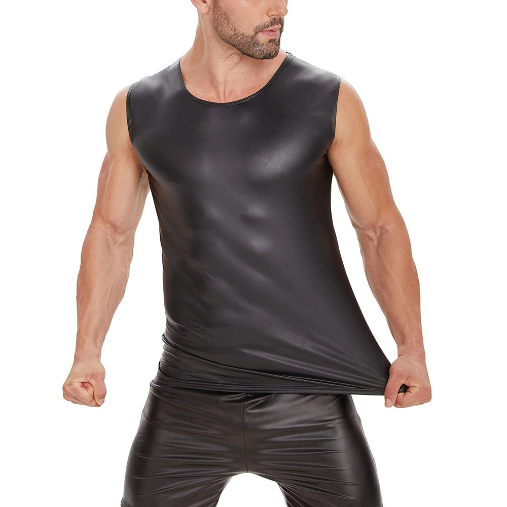 S-5XL Sleeveless Matt Faux PU Leather Tank Top Men Fitness Gym Muscle Shirt Tight Bodybuilding Tanktop Hot Body Shaper Shapewear