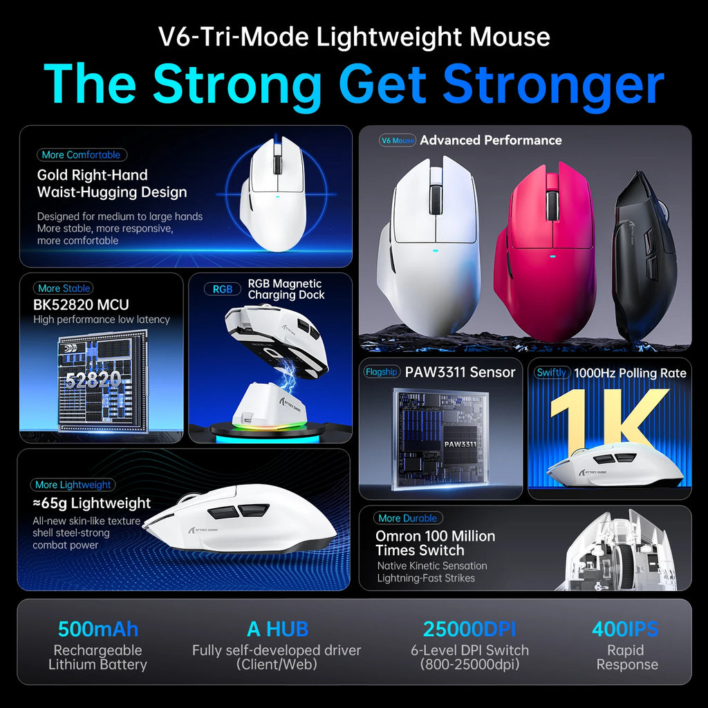 V6 ATTACK SHARK 25000DPI Wireless Mouse,Bluetooth Tri-Mode Connection,Touch Magnetic Charging Base , Macro Gaming Mouse