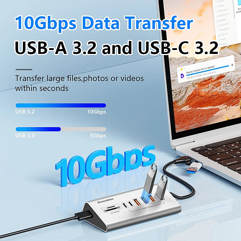 9 in 2 USB C Hub To USB 3.2 Aluminum Docking Station 10Gbps Type C 3.2 Splitter with SD/TF Card Reader for PC Laptop Tablet