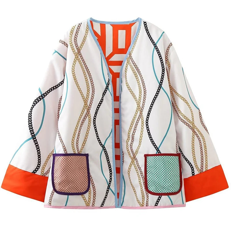 New Printed Pocket Wide Sleeved Ladies Outwear Loose Fashion Women's Double Sided Jacket 2023 Chic Casual Party Street Wear