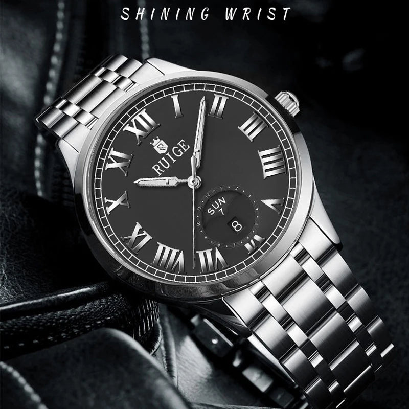 RUIGE hollowed out weekly calendar men's fully automatic mechanical watch stainless steel men's luminous waterproof watch