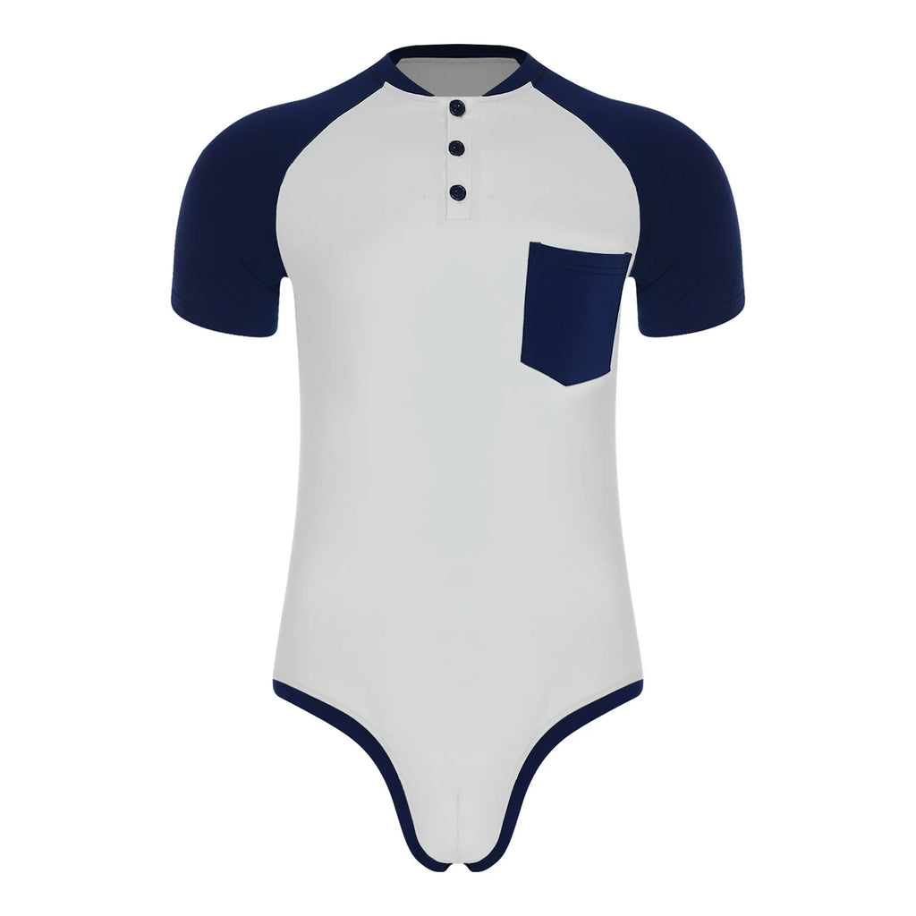 Men Workout Fitness Gym Sport Bodysuit Short Sleeve Openable Crotch Patchwork Jumpsuit for Workout Gym Sports Swimming Outfits