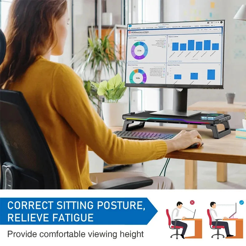 PC Monitor Stand 3 USB 2.0 Ports Keyboard Storage Space Bar Laptop Monitor Holder With RGB Light Type-C Wireless Charging