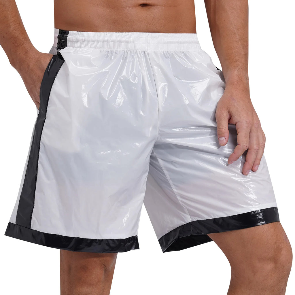 Swimwear Mens Swimming Trunks Wet Look Boxer Shorts Drawstring Elastic Waist Pockets Stripes Beach Sports Shorts Pajamas Costume