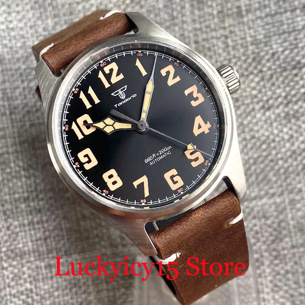 Tandorio Automatic Pilot Watch 39MM 20ATM NH35/PT5000 Movement Wristwatch Leather Strap Sapphire Green Lume Vintage Black Dial