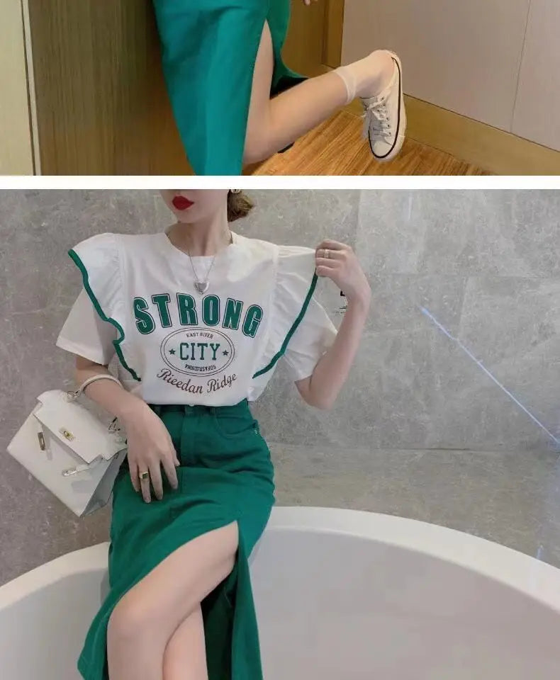 Summer 2024 Trendy Loose ort Sve T-irt Women's Top Design Sense Splicing Slimming Faionable Youthful Polyester Cotto...