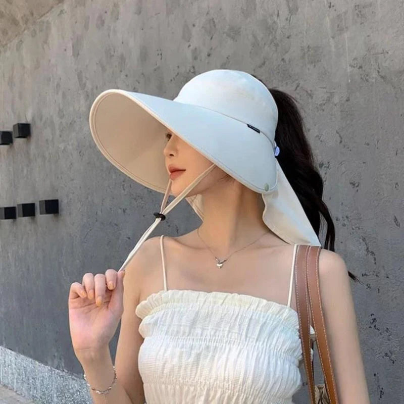 RICYGVM Women Summer Sun Hat Empty Top Neck Protection Shawl Hats Large Brim Fisherman Cap Without Flipping Anti-UV Sunscreen