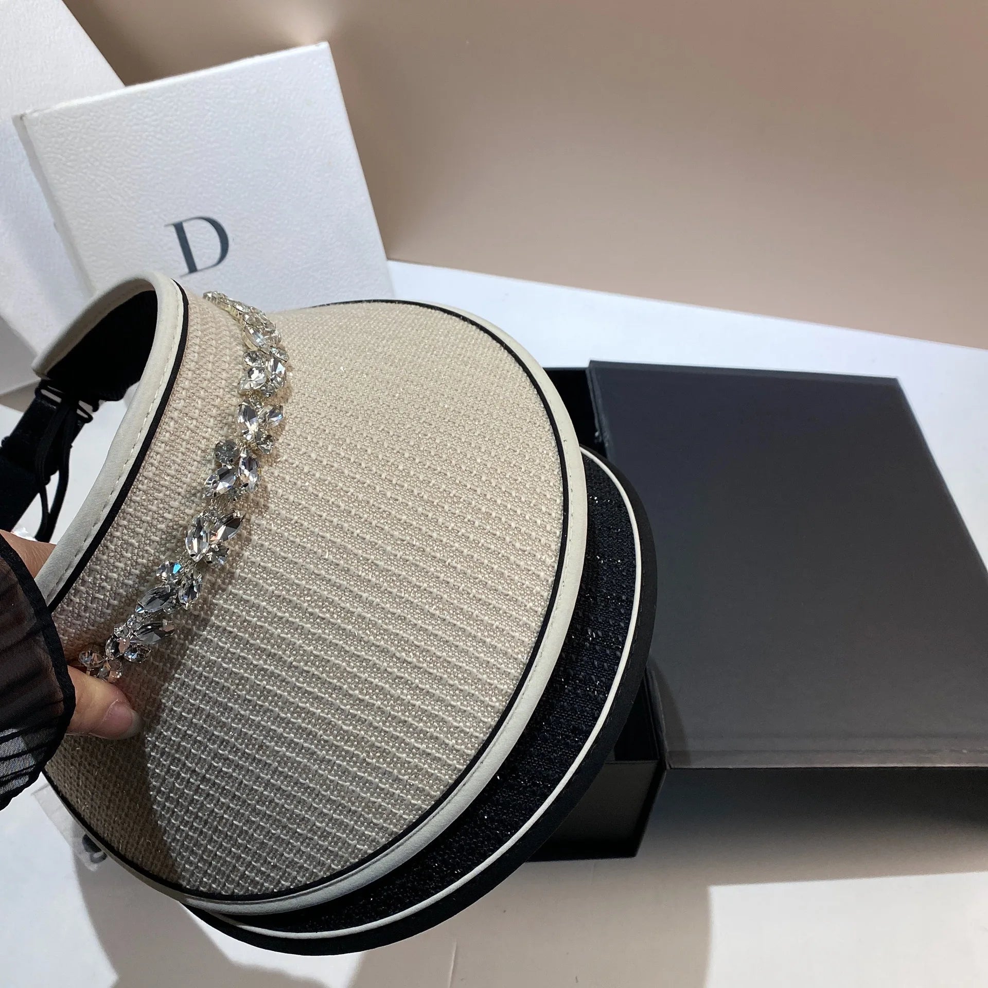 Luxury Rhinestone Empty Top Hats for Women Summer Sunshade Sun Hat Large Brim Travel Beach Sunscreen Panama Cap