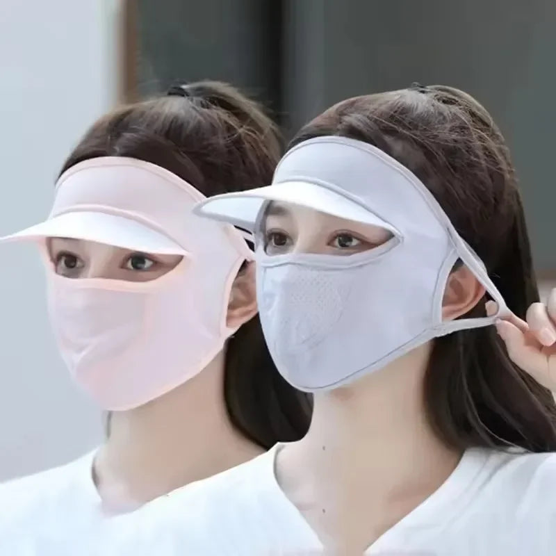 Summer Sunscreen Ice Silk Mask UV Protection Face Cover Sunscreen Veil Face with Brim Cycling Sun Protection Hats Caps