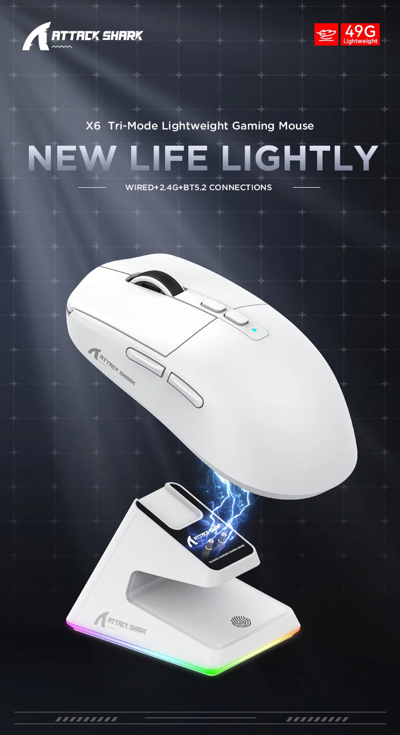Attack Shark X6 Wireless Gaming Mouse Bluetooth Tri-Mode Connection,RGB Touch Magnetic Charging Base PAW3395 Macro Gaming Mouse